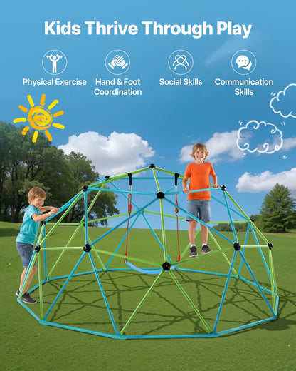 Klätterkupol, 305 cm geometrisk kupolklättrare med gunga och hängmatta, 453 kg belastning för barn, klätterställning för utomhusbruk för pojkar och flickor 3 till 10 år