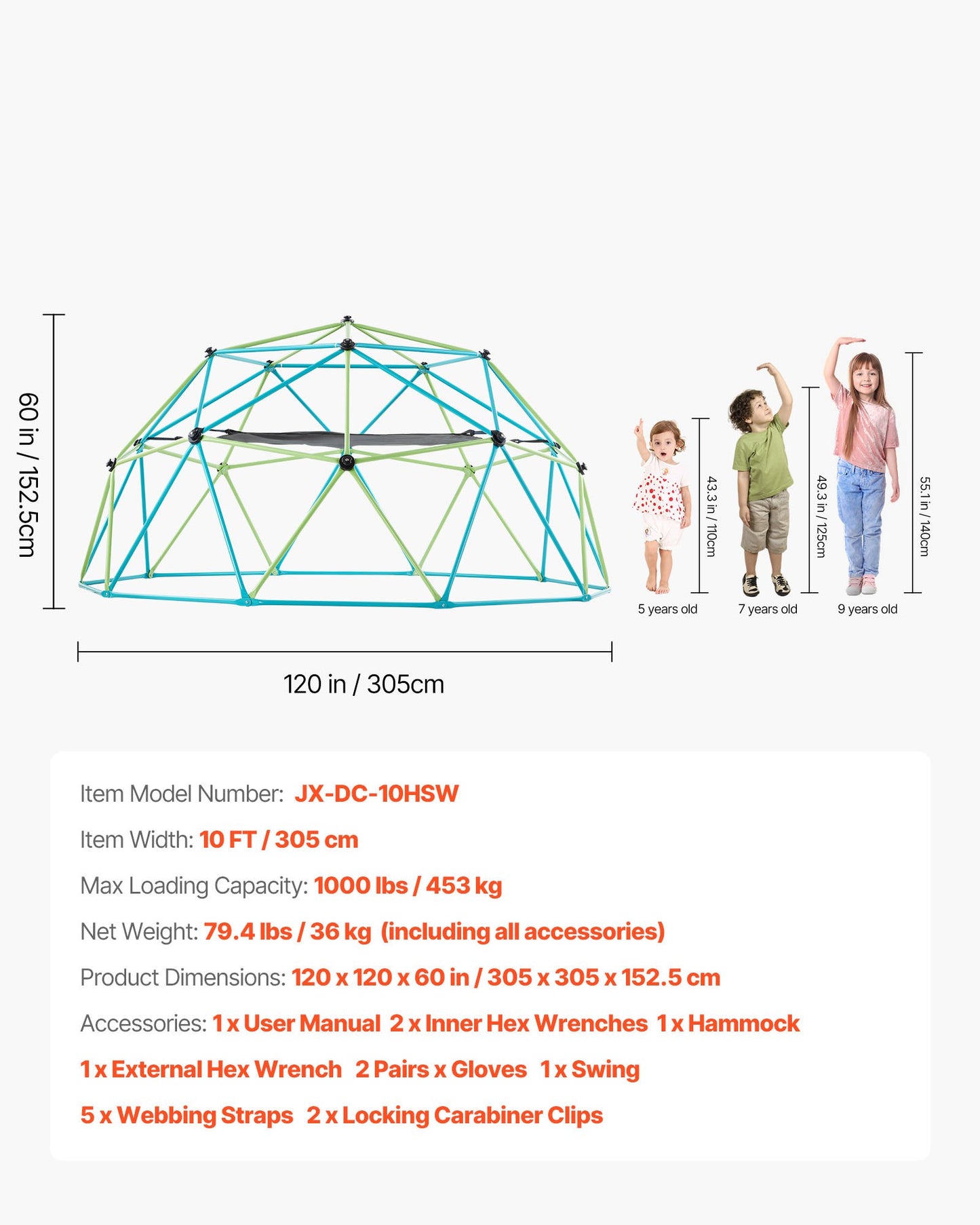 Klätterkupol, 305 cm geometrisk kupolklättrare med gunga och hängmatta, 453 kg belastning för barn, klätterställning för utomhusbruk för pojkar och flickor 3 till 10 år