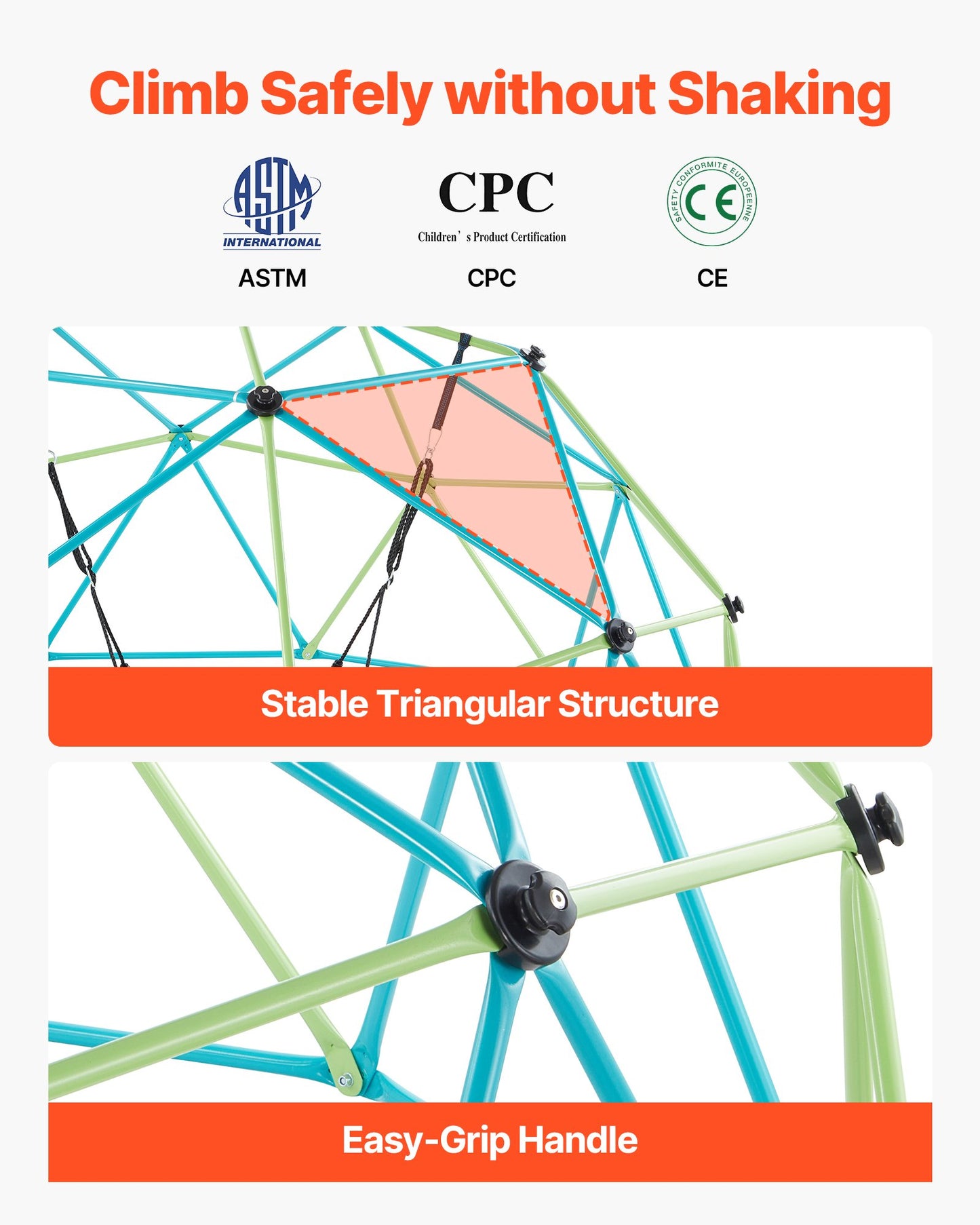 Klätterkupol, 305 cm geometrisk kupolklättrare med fatgunga, 453 kg belastning för barn, klätterställning för utomhusbruk, enkel montering för klättergård för pojkar och flickor 3 till 10 år