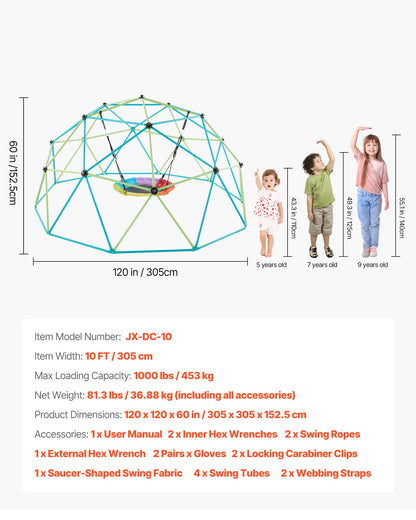 Klätterkupol, 305 cm geometrisk kupolklättrare med fatgunga, 453 kg belastning för barn, klätterställning för utomhusbruk, enkel montering för klättergård för pojkar och flickor 3 till 10 år