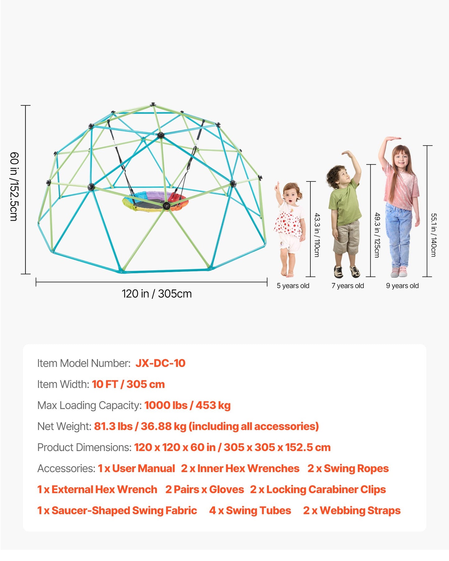 Klätterkupol, 305 cm geometrisk kupolklättrare med fatgunga, 453 kg belastning för barn, klätterställning för utomhusbruk, enkel montering för klättergård för pojkar och flickor 3 till 10 år