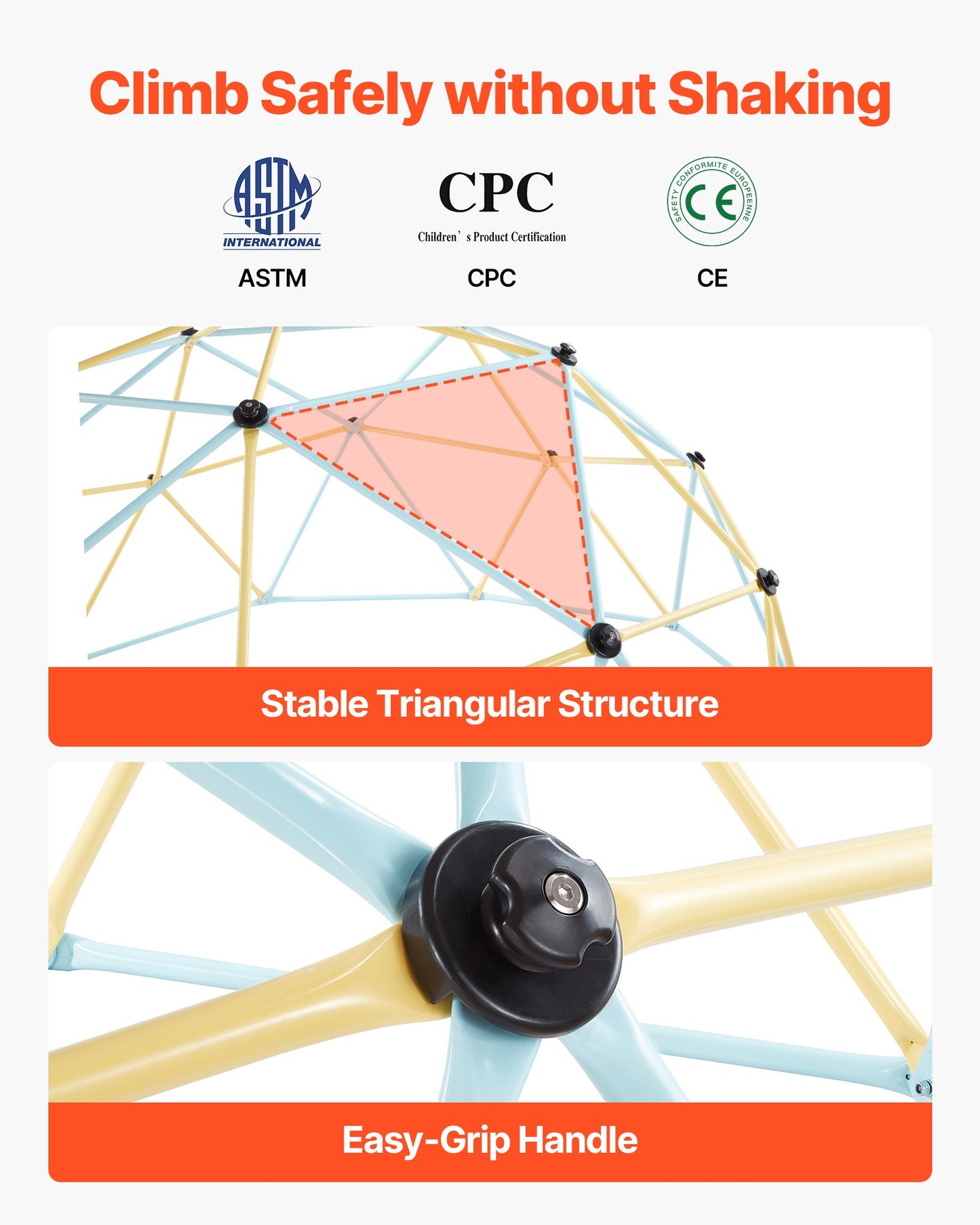 Klätterkupol, 305 cm geometrisk kupolklättrare, 453 kg lastbar klätterställning för klätter, 2 basketbollar och bläckfisknät, lättmonterad klätterutrustning för utomhusbruk för barn 3 till 10 år