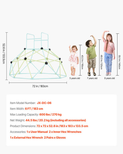 Klätterkupol, 183 cm geometrisk kupolklättrare för barn, 270 kg belastning inomhus/utomhus klättergym, lättmonterad klätterlekutrustning för bakgården för pojkar och flickor 3 till 10 år