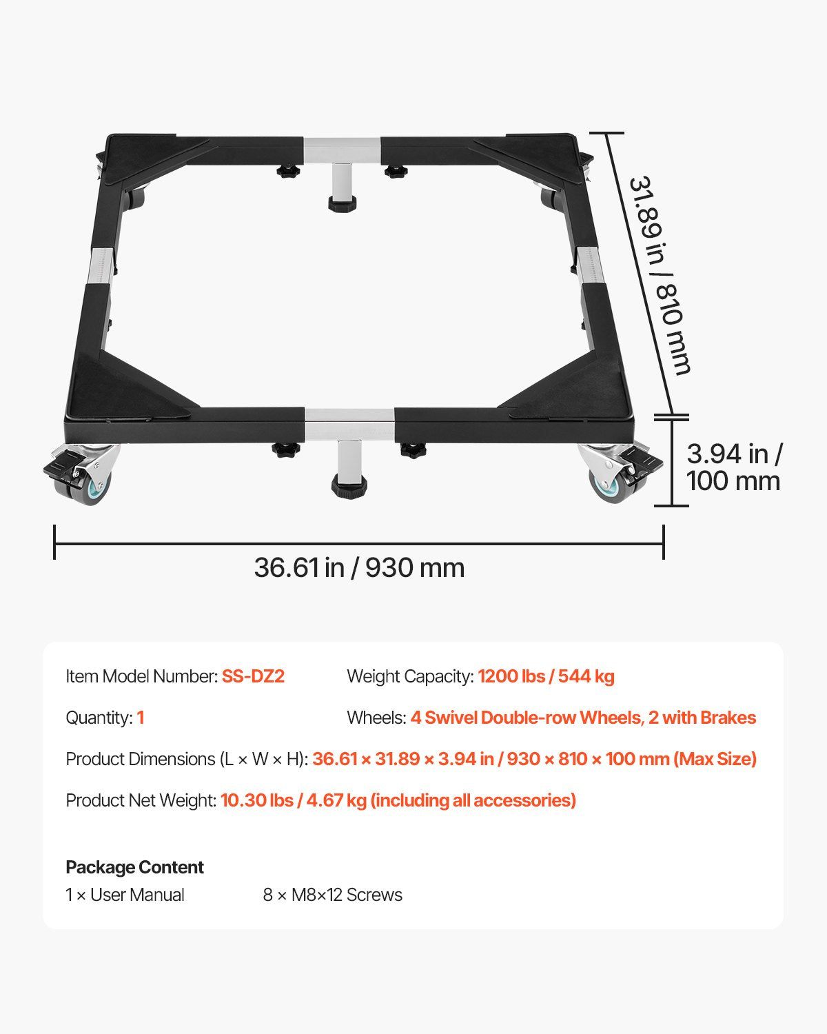 Mobil kylstativ, 1200 lbs lastkapacitet, tvättmaskinstativ med 8 låsbara dubbelhjul och 4 bromsar, 23-36,6 tum justerbar möbelvagn för tvättmaskin, kylskåp och torktumlare