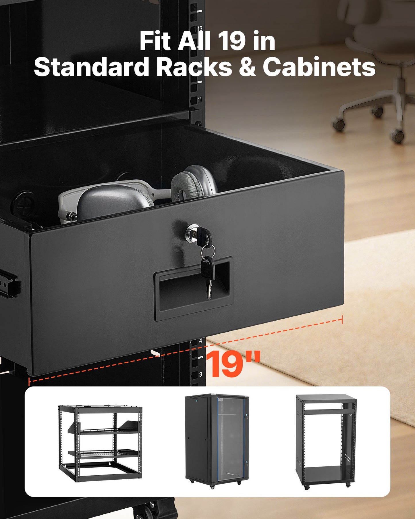 4U Rack Mount Drawer, 22.68 kg Max Load-Bearing, Lockable Server Cabinet Case, Sliding Drawer with Lock and Cable Management Holes, for Network Equipment Server AV Rack or Cabinet Enclosure