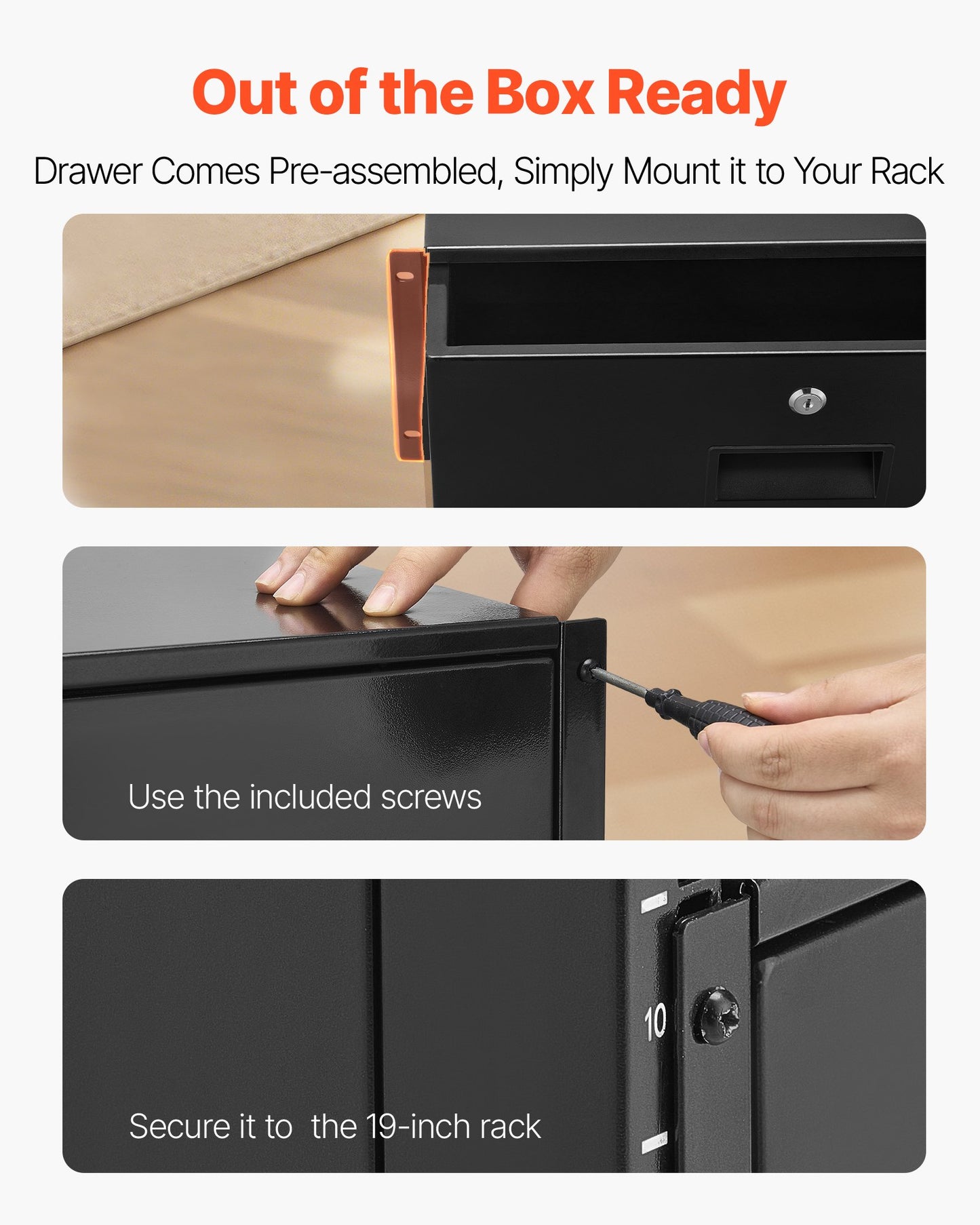 4U Rack Mount Drawer, 22.68 kg Max Load-Bearing, Lockable Server Cabinet Case, Sliding Drawer with Lock and Cable Management Holes, for Network Equipment Server AV Rack or Cabinet Enclosure