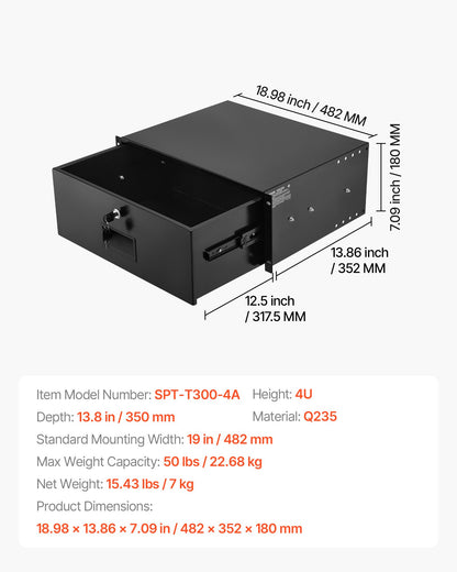 4U Rack Mount Drawer, 22.68 kg Max Load-Bearing, Lockable Server Cabinet Case, Sliding Drawer with Lock and Cable Management Holes, for Network Equipment Server AV Rack or Cabinet Enclosure