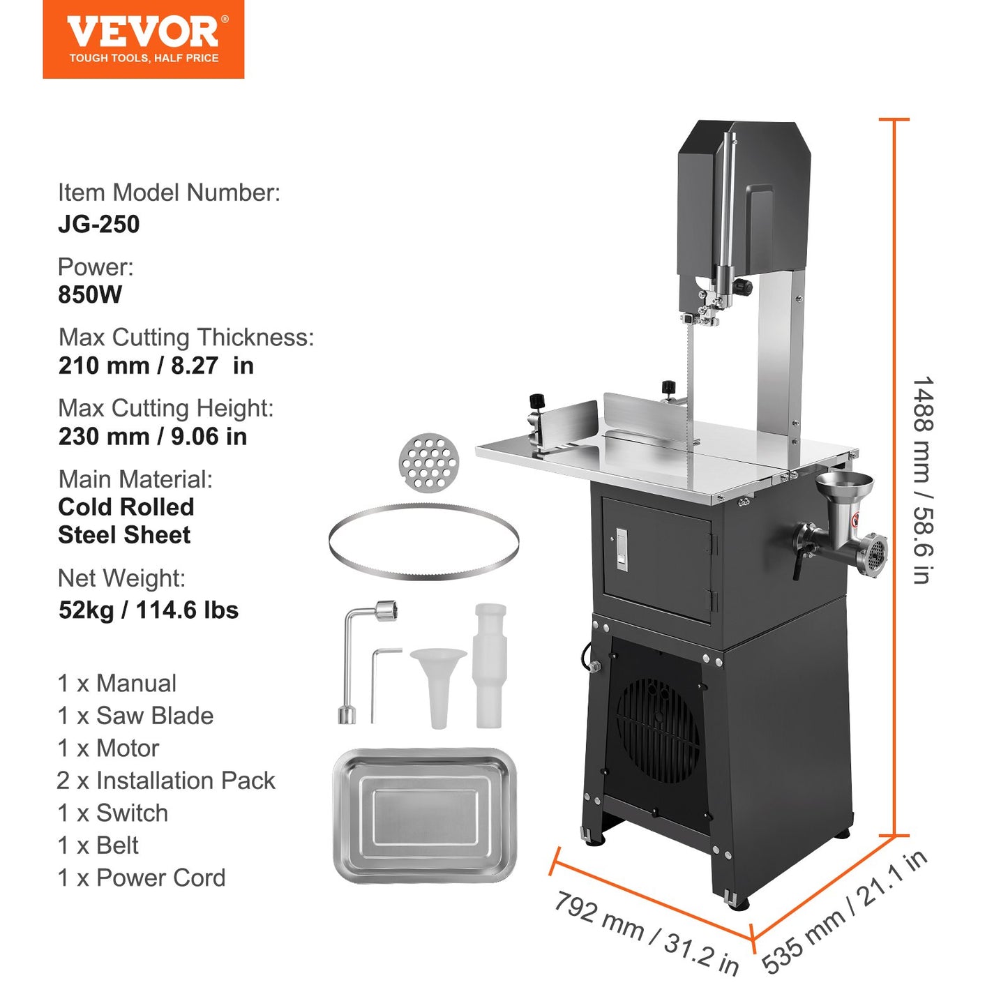 Commercial Electric Meat Bandsaw, 850W Stainless Steel Vertical Bone Sawing Machine, 19.1"x15" Workbench, 7.09 Inch Cutting Thickness, Frozen Meat Cutter with Blade for Rib Pork Beef