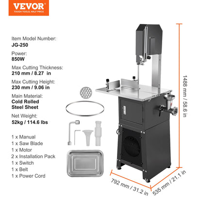 Commercial Electric Meat Bandsaw, 850W Stainless Steel Vertical Bone Sawing Machine, 19.1"x15" Workbench, 7.09 Inch Cutting Thickness, Frozen Meat Cutter with Blade for Rib Pork Beef