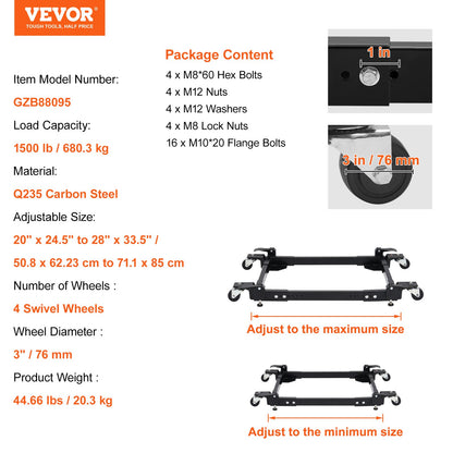 Mobil bas, kapacitet 600 kg, justerbar från 51 x 61 cm till 74 x 89 cm, kraftigt universellt mobilt basstativ med 4 svängbara hjul, för träbearbetningsutrustning, bandsåg, elverktyg, maskiner