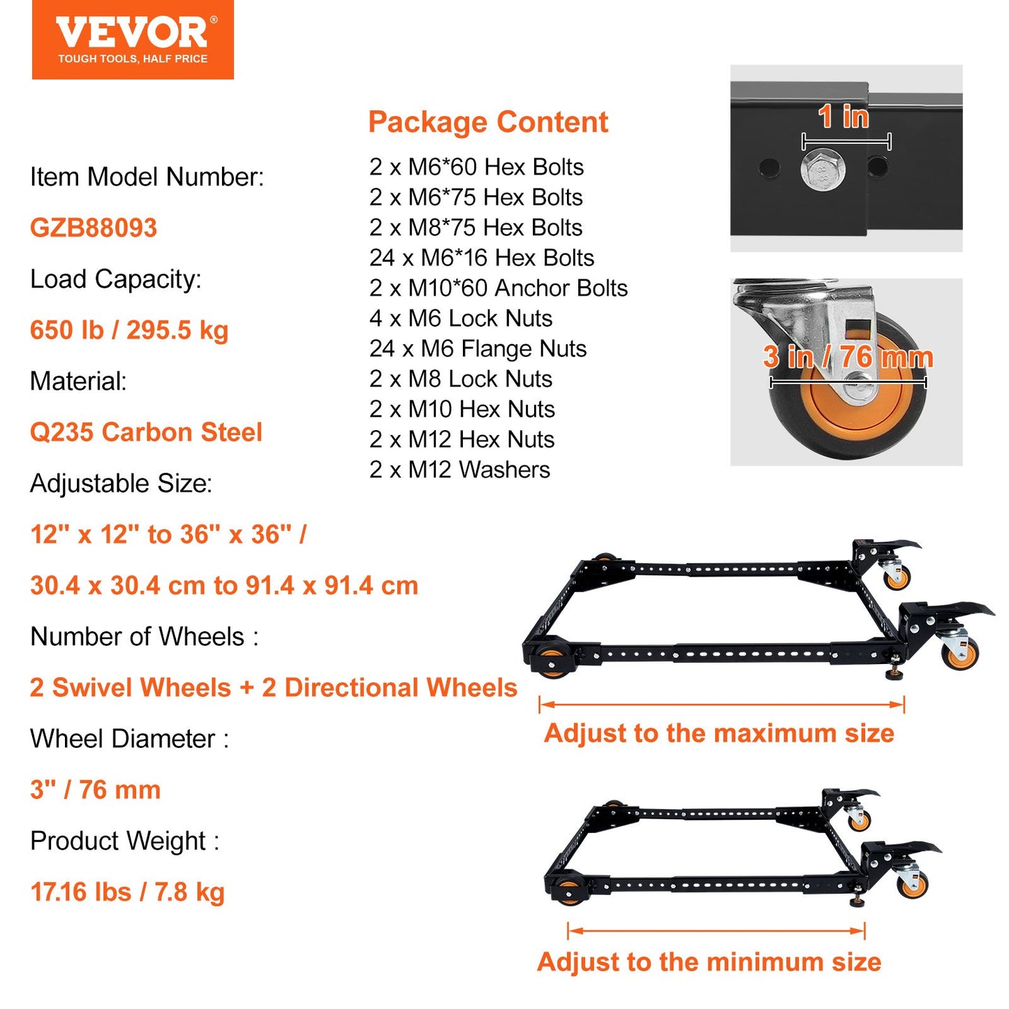 Mobil bas, 280 kg viktkapacitet, justerbar från 30 x 30 cm till 90 x 90 cm, kraftigt universellt mobilt basstativ med svängbara hjul, för träbearbetningsutrustning, bandsåg, elverktyg, maskiner