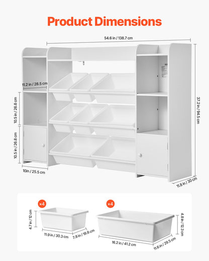 Kids Toy Storage and Bookshelf, 4-Tier Large Toy Storage Organizer with 8 Flexible Plastic Bins, Kids Cubby Cabinet with Bookshelf for Study Room, Bedroom, Playroom, Classroom, Nursery, White