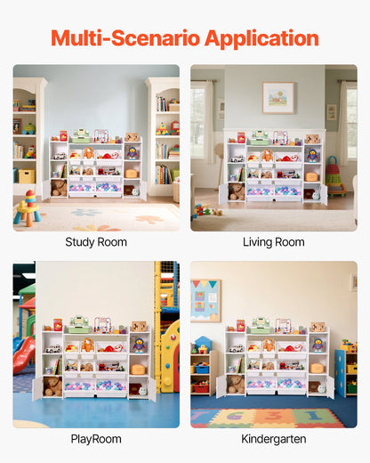 Kids Toy Storage and Bookshelf, 4-Tier Large Toy Storage Organizer with 8 Flexible Plastic Bins, Kids Cubby Cabinet with Bookshelf for Study Room, Bedroom, Playroom, Classroom, Nursery, White