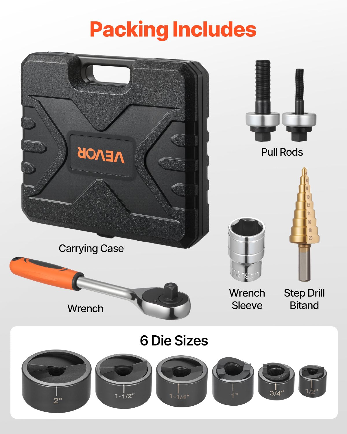 Sats med knockout-stans, 12,7 till 50,8 mm SLUG-Buster spärrhake med knockout-funktion, spärrnyckel med knockout-stanssatser för aluminium, stål, glasfiber, plast, 6 formstorlekar, verktygssats med 40Cr-stål, KO