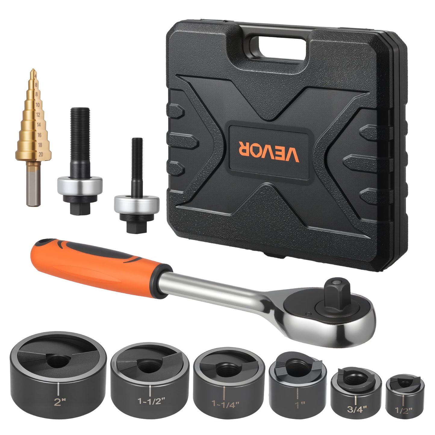 Sats med knockout-stans, 12,7 till 50,8 mm SLUG-Buster spärrhake med knockout-funktion, spärrnyckel med knockout-stanssatser för aluminium, stål, glasfiber, plast, 6 formstorlekar, verktygssats med 40Cr-stål, KO