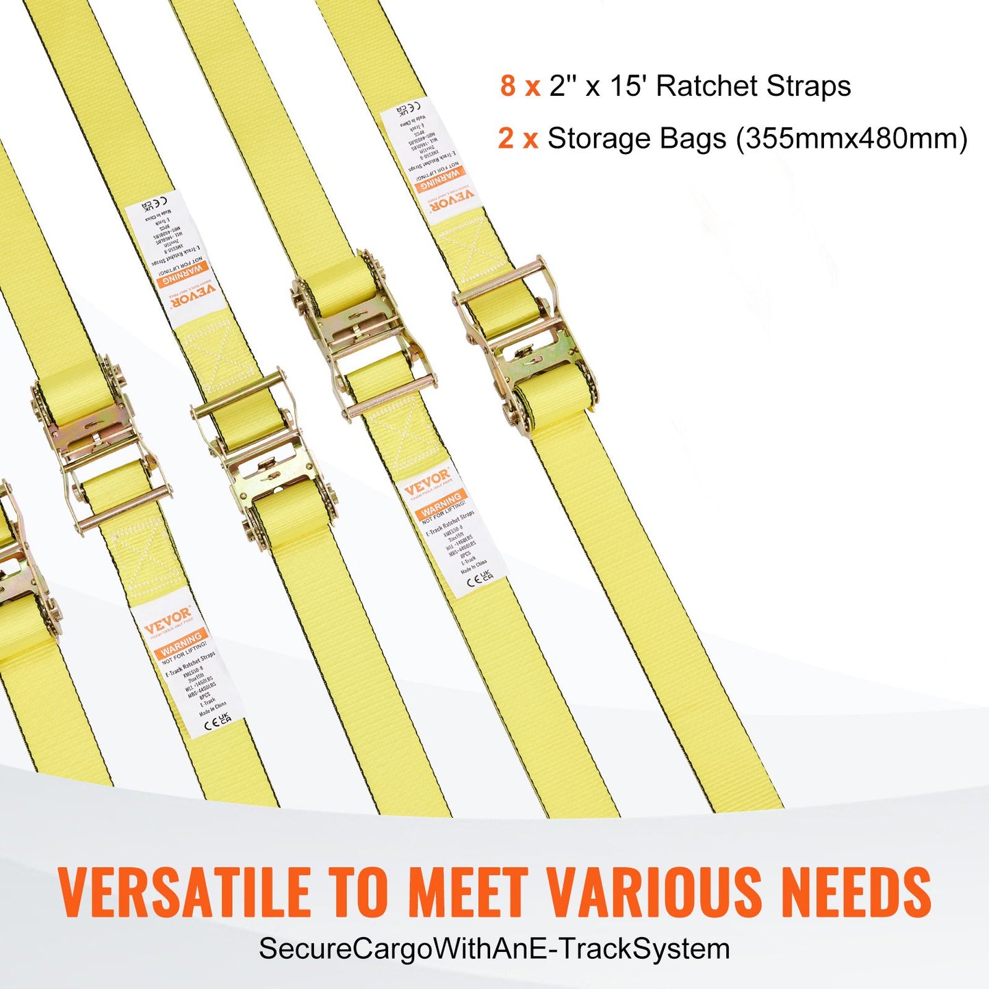 Ratchet Tie Down Straps (8PK), 1995.8 kg Break Strength, E-Track Endless Ratchet with 8 Premium 0.05 m x 4.6 m Rachet Tie Downs Heavy Duty, for Moving Securing Cargo, Appliances, Lawn Equipment