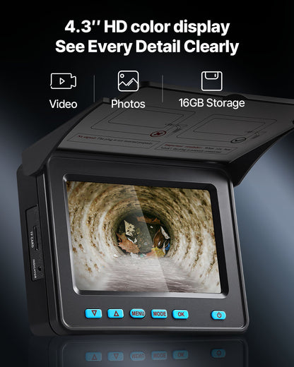 Sewer Camera, 50m, Self-Leveling Drain Inspection Camera with 1080P HD Screen, IP68 Waterproof Snake Plumbing Cameras with Lights - 12 LEDs & 16GB Card for Sewer Line Duct Pipe