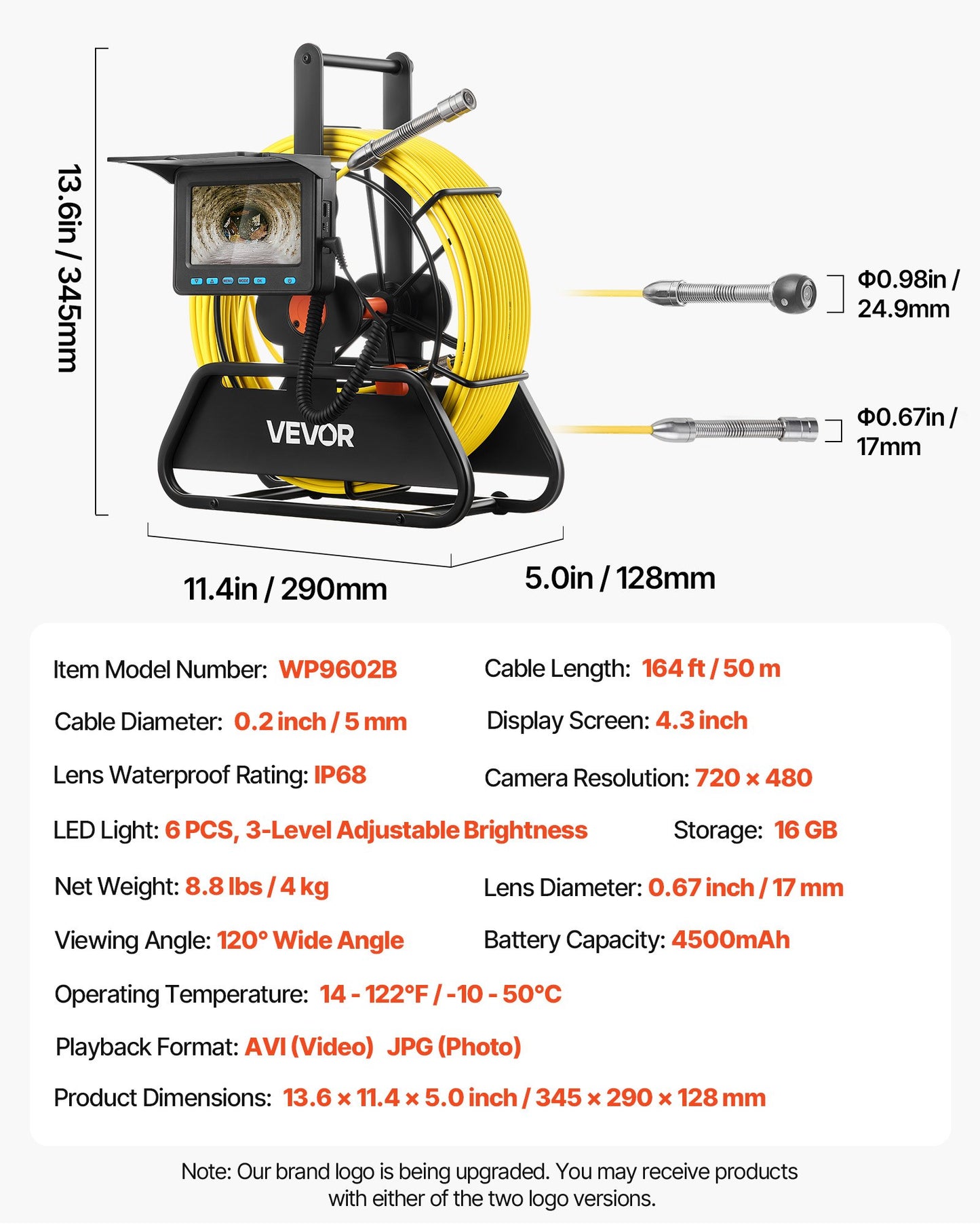 Sewer Camera, 50m Drain Inspection Camera, IP68 Waterproof Snake Plumbing Cameras with Lights - 6 Adjustable LEDs, 4500mAh Battery & 16GB Card for Sewer Line Duct Pipes