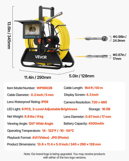 Sewer Camera, 50m Drain Inspection Camera, IP68 Waterproof Snake Plumbing Cameras with Lights - 6 Adjustable LEDs, 4500mAh Battery & 16GB Card for Sewer Line Duct Pipes
