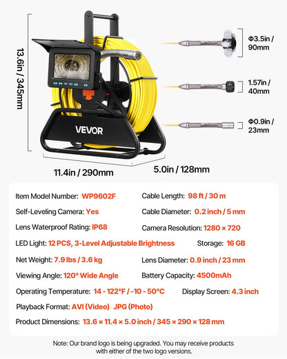 Sewer Camera, 30m, Self-Leveling Drain Inspection Camera with 1080P HD Screen, IP68 Waterproof Snake Plumbing Cameras with Lights - 12 LEDs & 16GB Card for Sewer Line Duct Pipe
