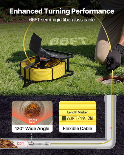 Sewer Camera, 20m Drain Inspection Camera, IP68 Waterproof Snake Plumbing Cameras with Lights - 6 Adjustable LEDs, 4500mAh Battery & 16GB Card for Sewer Line Duct Pipes