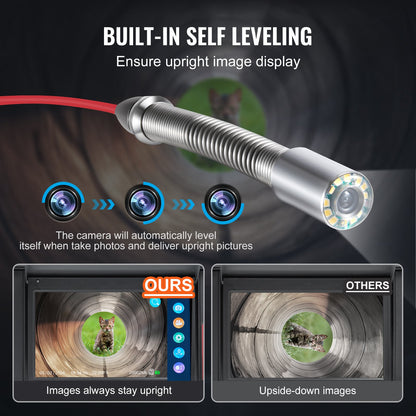Sewer Camera, 165 ft/50m, Self-Leveling Drain Camera with 10.1" Touchscreen, 512Hz Transmitter & Distance Counter, IP67 Snake Plumbing Camera with Lights-12 LED, 32GB Card for Duct Pipe