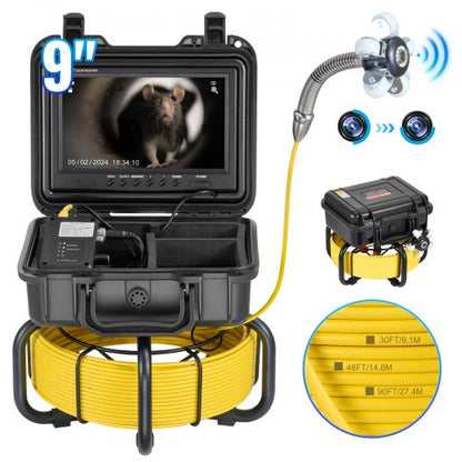 Sewer Camera, 98 ft/30m, Self-Leveling Drain Inspection Camera with 9" 1080P HD Screen, 36X Zoom, IP68 Waterproof Plumbing Camera with Lights-12 LED, 32GB Card Snake Camera for Duct Pipe