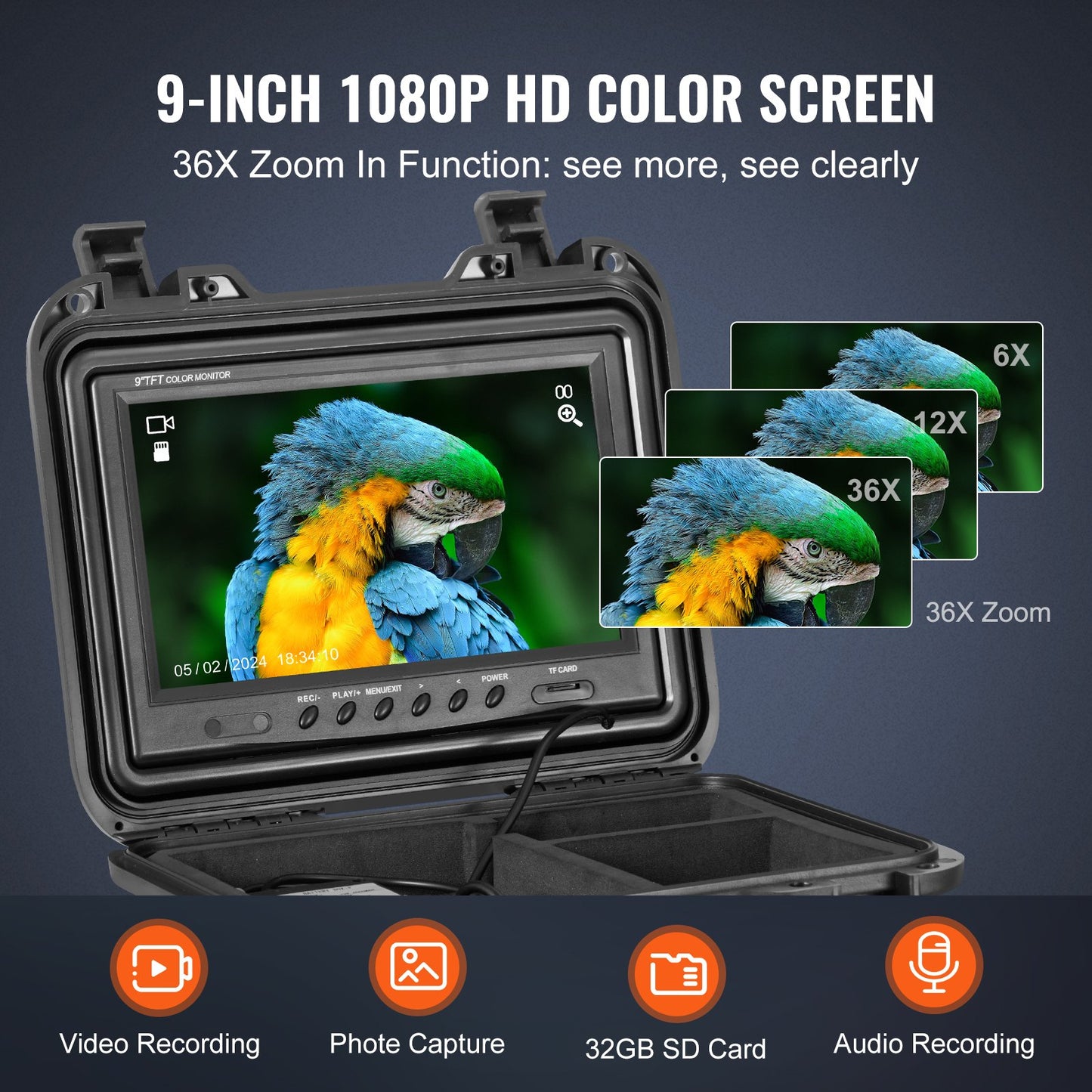 Avloppskamera, 50 m, självnivellerande rörledningsinspektionskamera med 9" 1080P HD-skärm, 36X zoom, IP68 vattentät VVS-kamera med lampor - 12 LED-lampor, 32 GB-korts ormkamera för kanalrör