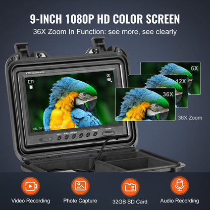 Avloppskamera, 50 m, självnivellerande rörledningsinspektionskamera med 9" 1080P HD-skärm, 36X zoom, IP68 vattentät VVS-kamera med lampor - 12 LED-lampor, 32 GB-korts ormkamera för kanalrör