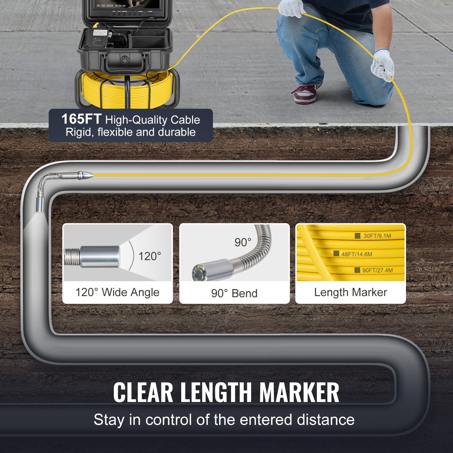 Avloppskamera, 50 m, självnivellerande rörledningsinspektionskamera med 9" 1080P HD-skärm, 36X zoom, IP68 vattentät VVS-kamera med lampor - 12 LED-lampor, 32 GB-korts ormkamera för kanalrör