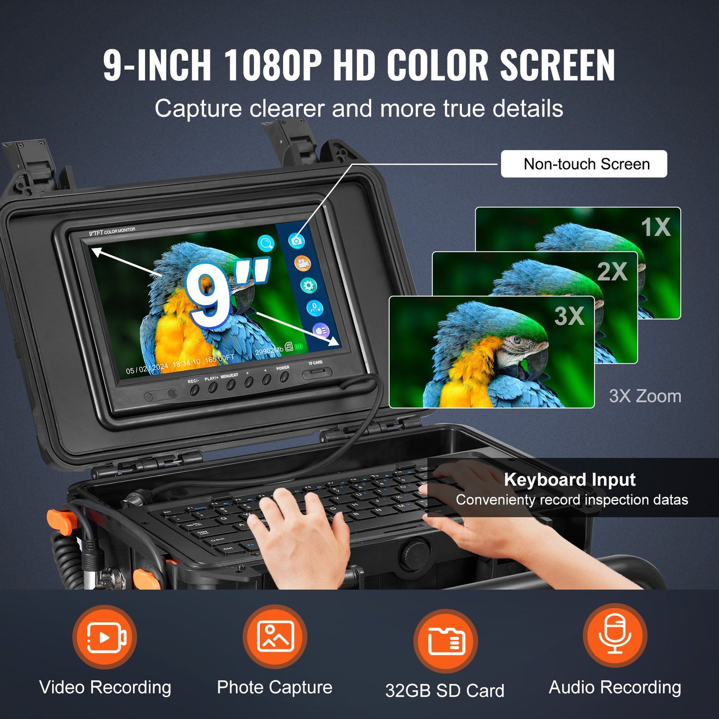 Avloppskamera, 50 m, självnivellerande avloppskamera med 512 Hz-sändare, avståndsräknare, 9-tums skärm 1080P HD Snake-rörledningskamera med lampor - 12 LED-lampor och 32 GB-kort för kanalrör