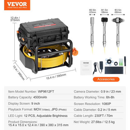 Avloppskamera, 70 m, självnivellerande avloppskamera med 512 Hz-sändare, avståndsmätare, 9-tums skärm 1080P HD Snake-rörledningskamera med ljus - 12 LED-lampor och 32 GB-kort för kanalrör