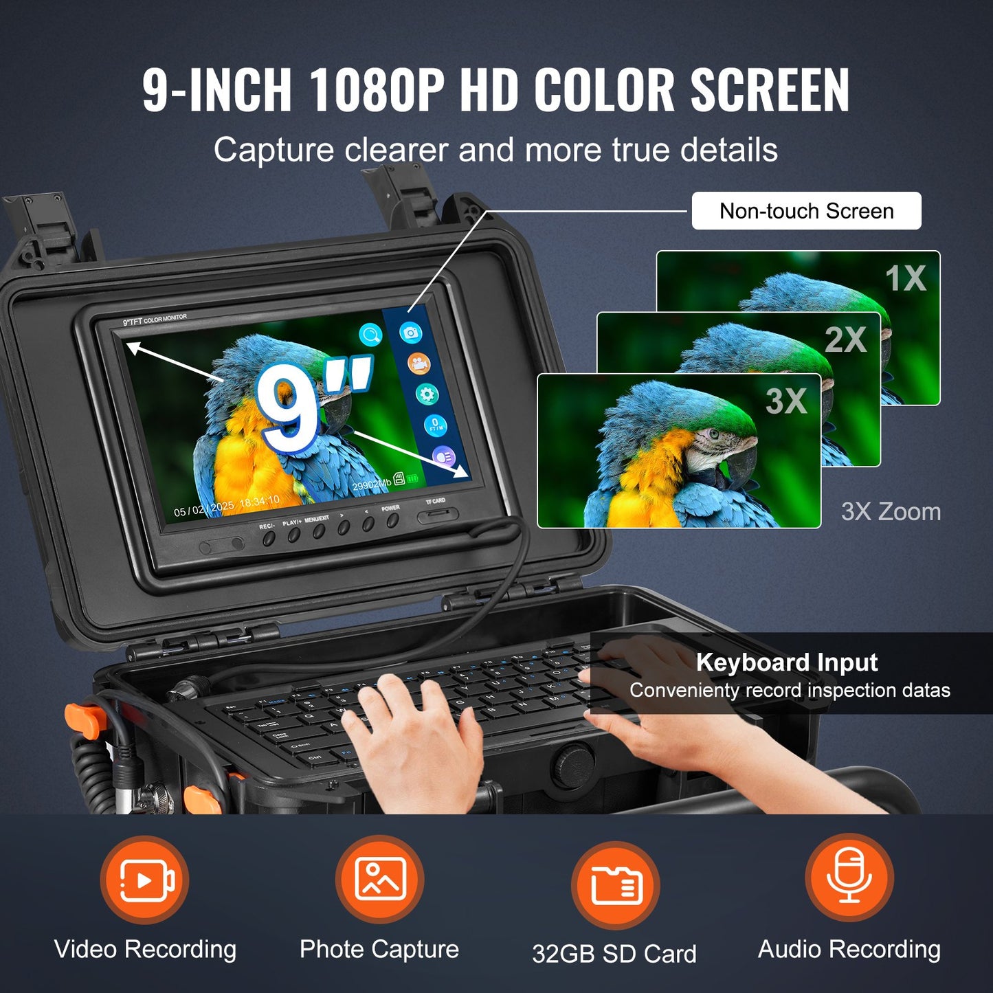 Avloppskamera, 98 fot/30 m, självnivellerande avloppskamera med 512Hz-sändare, avståndsräknare, 9-tums skärm 1080P HD Snake VVS-kamera med ljus - 12 LED-lampor och 32 GB-kort för kanalrör