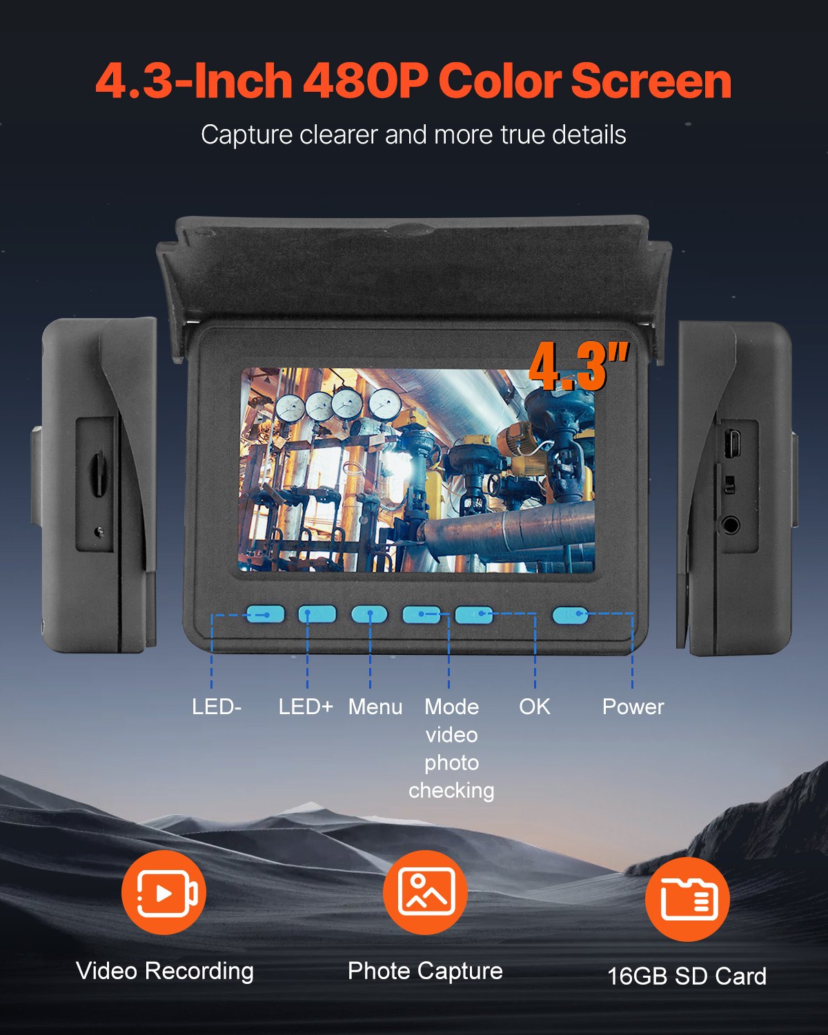 Sewer Camera, 98 ft/30 m, 4.3-inch Drain Inspection Camera with Lights - 6 Adjustable LED, 16GB Card, 3X Zoom & 8500mAh High-Capacity Battery, IP68 Waterproof Plumbing Camera for Sewer Duct Pipe