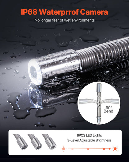 Sewer Camera, 98 ft/30 m, 4.3-inch Drain Inspection Camera with Lights - 6 Adjustable LED, 16GB Card, 3X Zoom & 8500mAh High-Capacity Battery, IP68 Waterproof Plumbing Camera for Sewer Duct Pipe