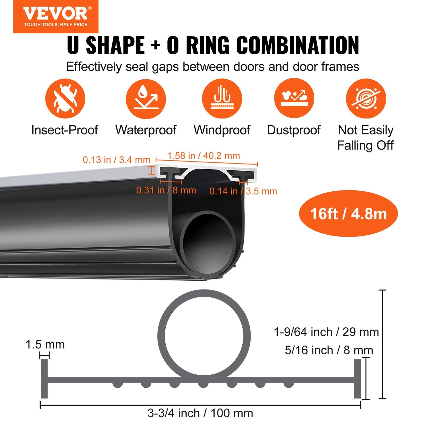 Garage Door Seals Bottom Rubber, U Shape +O Ring Garage Door Bottom Weather Seal with Pre-drilled Aluminum Track Retainer Kit, 4.88 m 8 mm T-ends and 9.5 cm Width, for Doors, Black