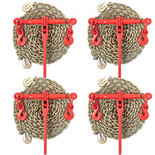Chain Load Binder, 8 mm Tie Down Kit with 2.45 Ton Working Load Capacity and Two Grab Hooks, Includes (4) Ratchet Binders - (4) 6.4 m Grade 80 Chains, Transport Load Package for Hauling, Towing
