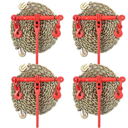 Chain Load Binder, 8 mm Tie Down Kit with 2.45 Ton Working Load Capacity and Two Grab Hooks, Includes (4) Ratchet Binders - (4) 6.4 m Grade 80 Chains, Transport Load Package for Hauling, Towing