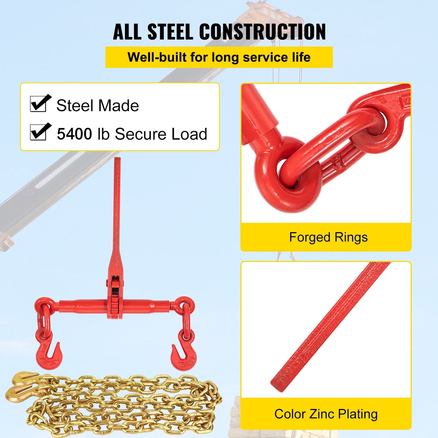 Chain Load Binder, 8 mm Tie Down Kit with 2.45 Ton Working Load Capacity and Two Grab Hooks, Includes (4) Ratchet Binders - (4) 6.4 m Grade 80 Chains, Transport Load Package for Hauling, Towing