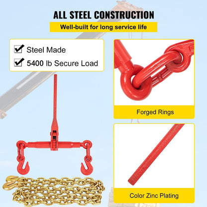 Chain Load Binder, 8 mm Tie Down Kit with 2.45 Ton Working Load Capacity and Two Grab Hooks, Includes (4) Ratchet Binders - (4) 6.4 m Grade 80 Chains, Transport Load Package for Hauling, Towing