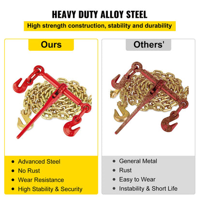 Chain Load Binder, 8 mm Tie Down Kit with 2.45 Ton Working Load Capacity and Two Grab Hooks, Includes (4) Ratchet Binders - (4) 6.4 m Grade 80 Chains, Transport Load Package for Hauling, Towing