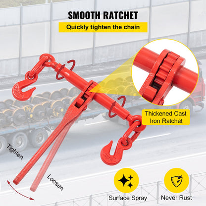 Chain Load Binder, 8 mm Tie Down Kit with 2.45 Ton Working Load Capacity and Two Grab Hooks, Includes (4) Ratchet Binders - (4) 6.4 m Grade 80 Chains, Transport Load Package for Hauling, Towing