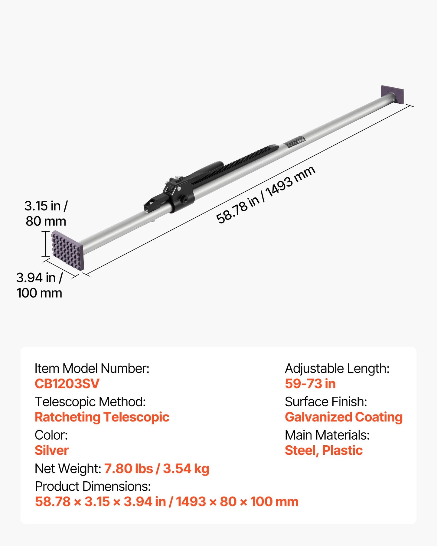 Cargo Bar, Ratcheting Cargo Bar Adjustable from 1499mm to 1854mm, Heavy-duty Steel Cargos Stabilizer with Non-Slip Foot Pads, Telescoping Load Lock Bars for Pickup Truck