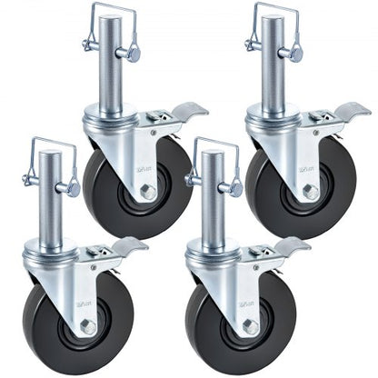 4 Pack 5" Scaffolding Rubber Swivel Caster Wheels with Dual Locking Heavy Duty Casters 1" Solid Round Stem 280LBS Capacity Per Wheel for Warehousing and Industrial Equipment