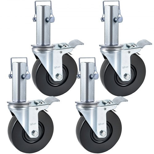 4 Pack 5"/12.7 cm Heavy Duty Scaffolding Rubber Swivel Caster With Dual Locking 1.25" (3.2 cm) Square Stem 440LBS/199.6 kg Capacity Per Wheel