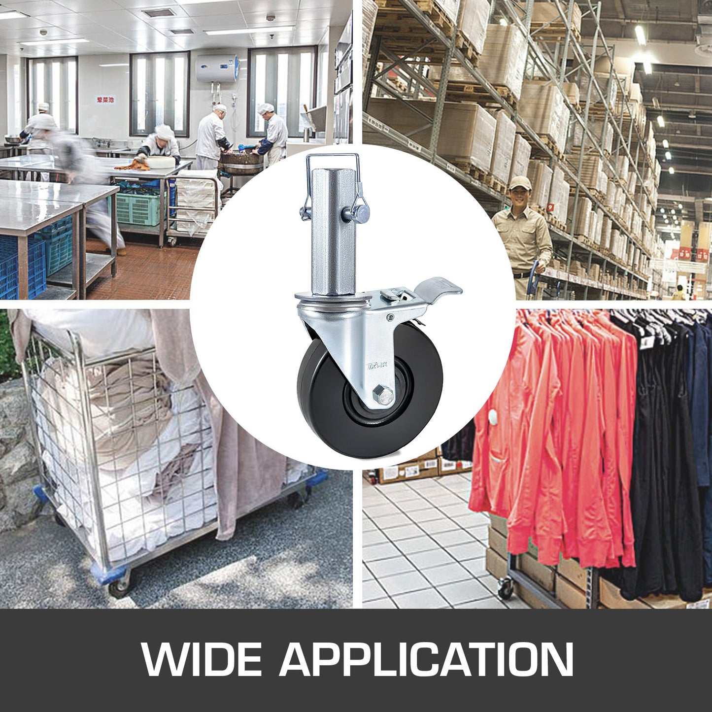 4 Pack 5"/12.7 cm Heavy Duty Scaffolding Rubber Swivel Caster With Dual Locking 1.25" (3.2 cm) Square Stem 440LBS/199.6 kg Capacity Per Wheel