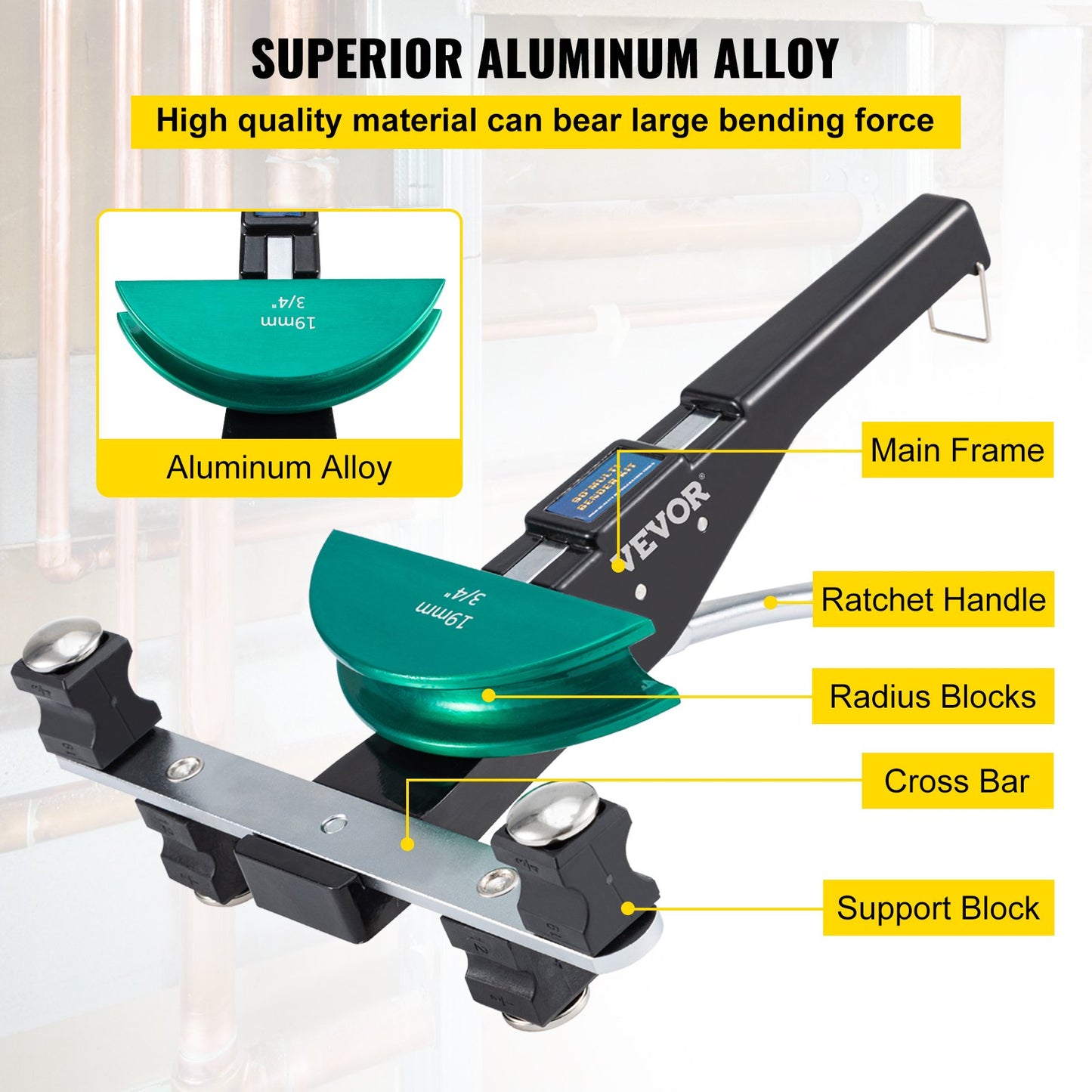Kopparrörsbockare, 7 färgglada matriser 1/4-7/8 tum 90 graders fram- och bakbockning, 6-22 mm för koppar- och aluminiumrör med omvänd böjningsanordning
