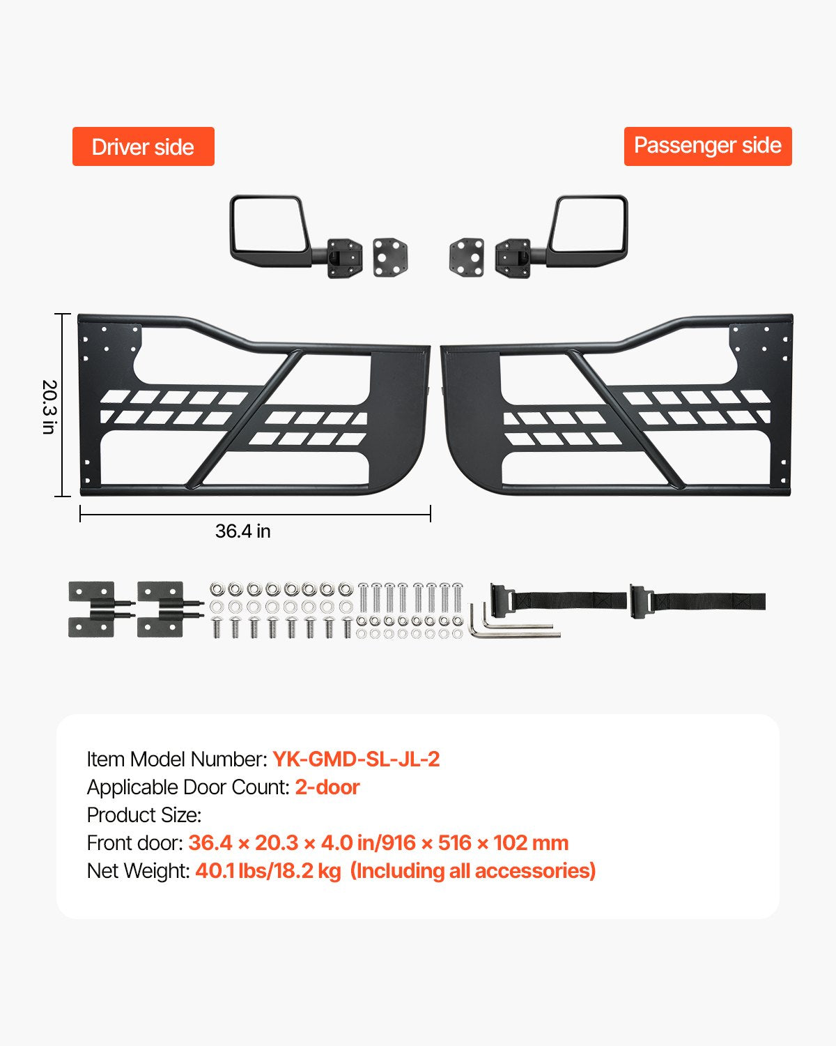 Jeep Tube Doors, 2-Door, Hunting Style Jeep Tubular Door with Heavy-Duty Hinges & OE Latch, Jeep Doors with Rear View Mirrors, Fit for 2018-2024 Jeep Wrangler JL & 2020-2024 Jeep Gladiator JT