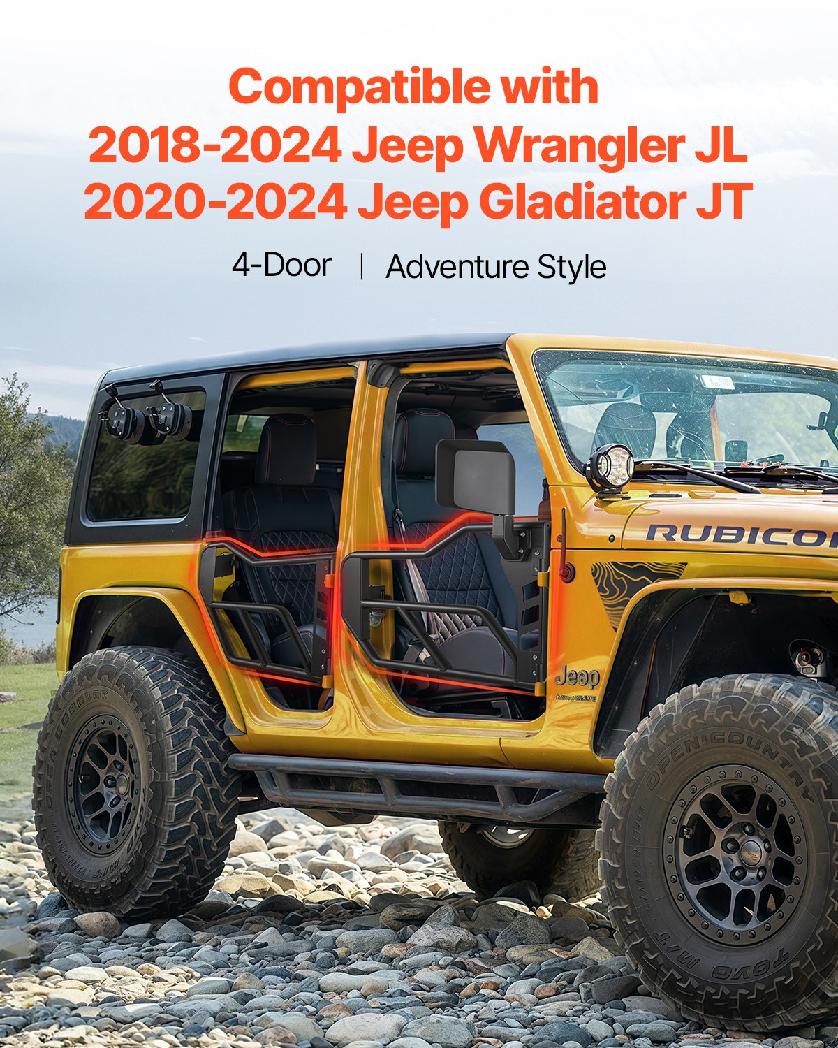 Jeep Tubdörrar, 4-dörrars, Jeep Tubdörrar i Adventure Style med DOT-certifierade backspeglar, Jeepdörrar med backspeglar för 2018-2024 Jeep Wrangler JL och 2020-2024 Jeep Gladiator JT