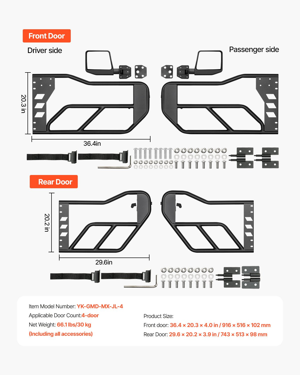 Jeep Tubdörrar, 4-dörrars, Jeep Tubdörrar i Adventure Style med DOT-certifierade backspeglar, Jeepdörrar med backspeglar för 2018-2024 Jeep Wrangler JL och 2020-2024 Jeep Gladiator JT